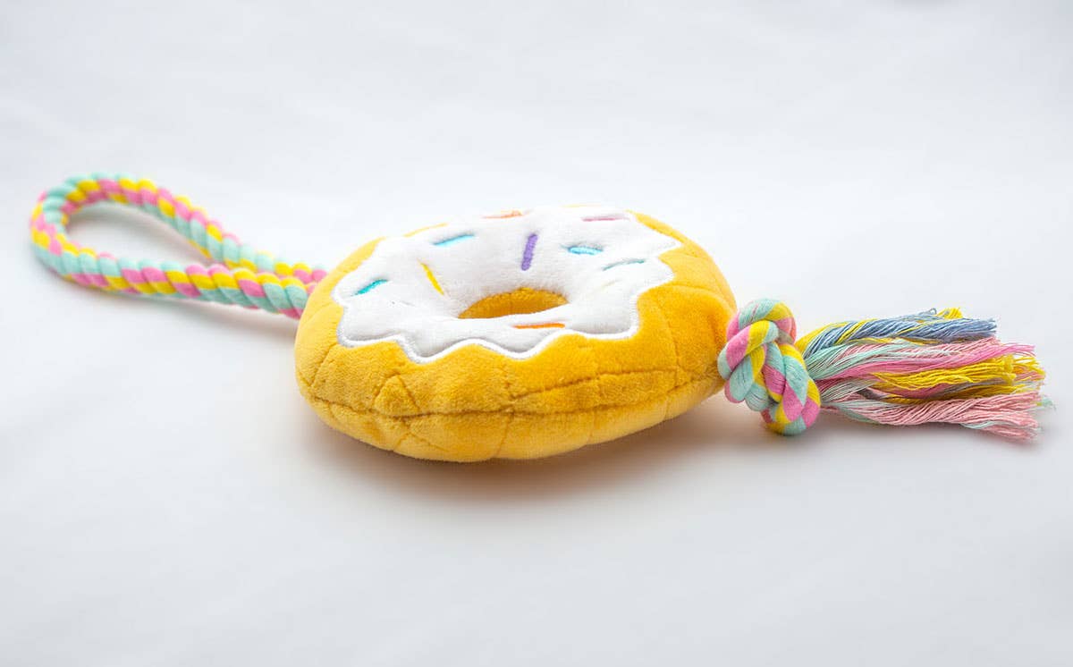 ThoozyPet Birthday Donut Plush Dog Toy with Rope 12"